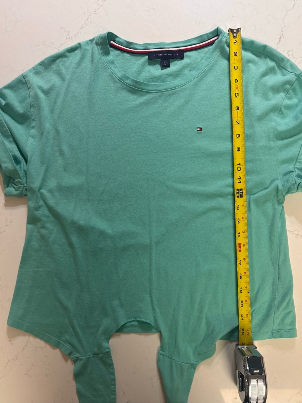 Tommy Hilfiger Women's Tie-Front Crop Tee in Aqua Green Large - Picture 5 of 5